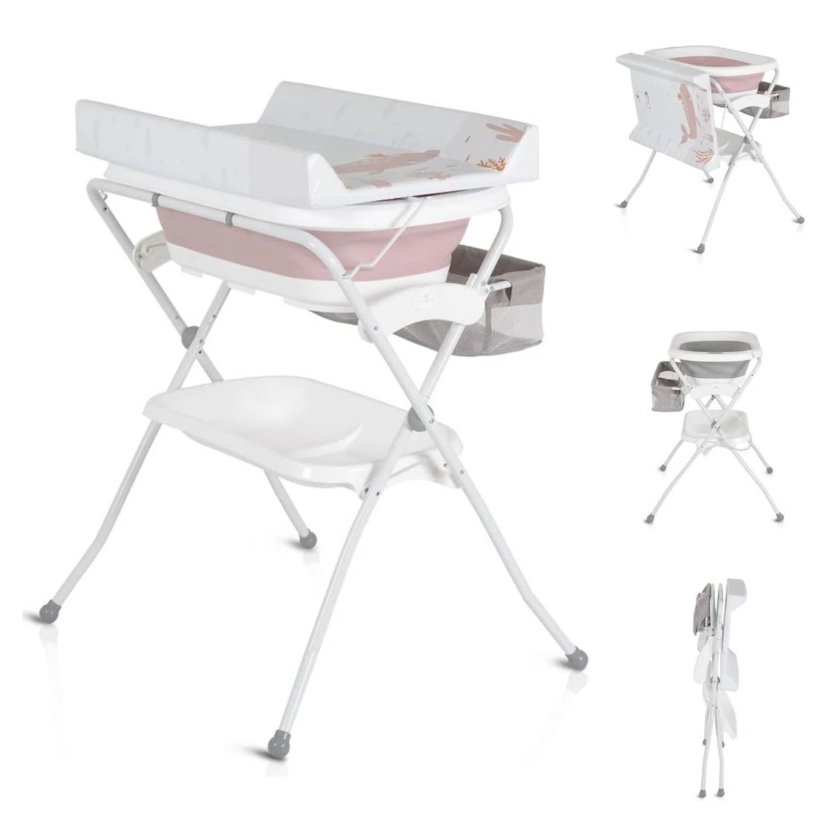 Cangaroo Babywanne Wickeltisch Como 2 in 1 faltbar, Wickelauflage, Zubehörfach rosa
