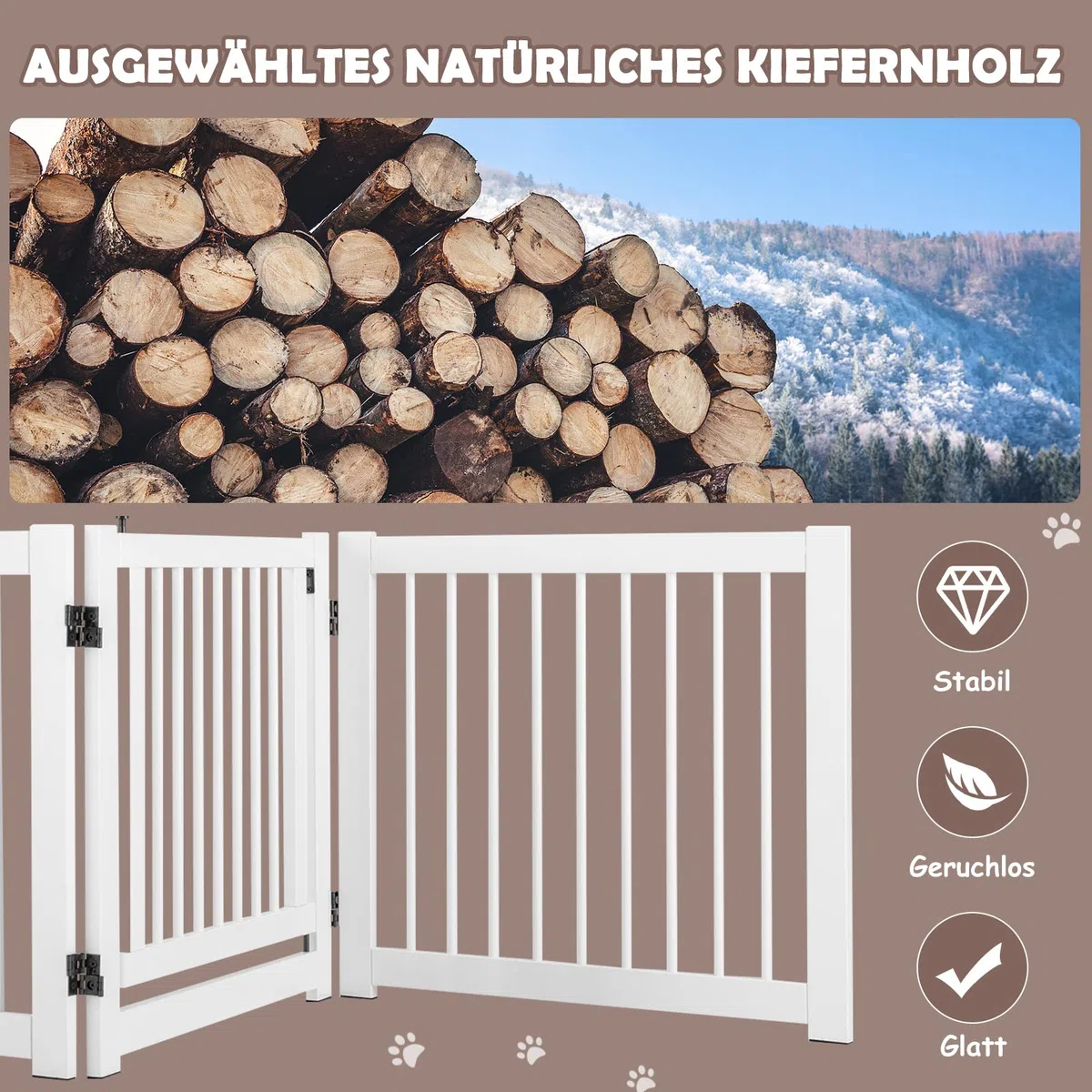COSTWAY 3-teiliges Absperrgitter Hunde, Freistehendes Hundegitter mit Tür, 61cm hoch, Schutzgitter Holz, Treppengitter Kindergitter klappbar, Hundeabsperrgitter für Kamin & Treppe (Weiß)