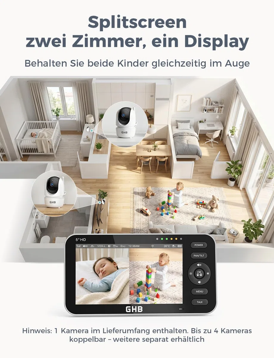 GHB Babyphone mit Kamera 5 Zoll 720P HD Display mit bis zu 168h Akkulaufzeit im VOX Schlafmodus Split-Screen-Anzeige Nachtsicht 4X Zoom Schwenkbar