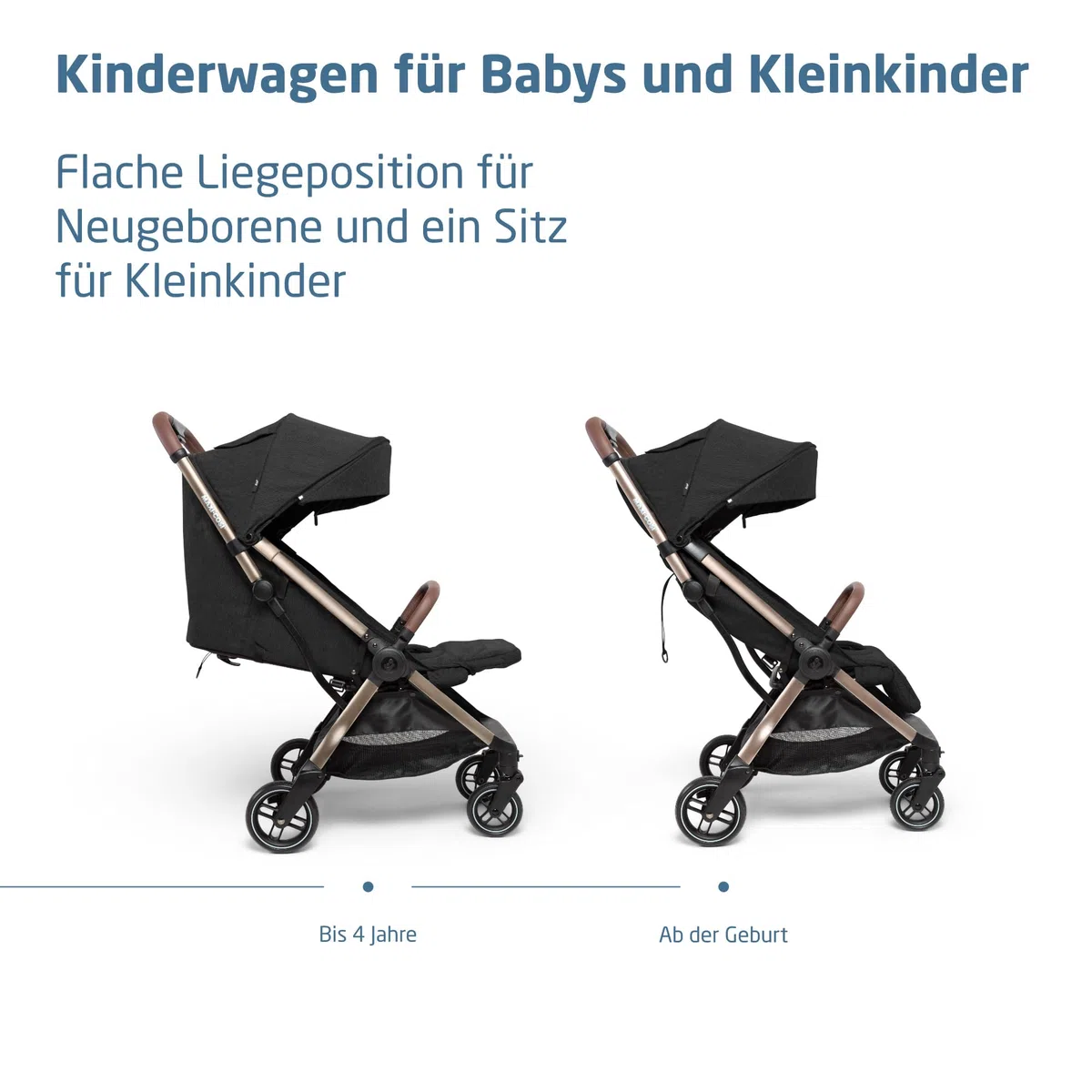 Maxi-Cosi Eva3 Kinderwagen 0–4 Jahre 0–22 kg Leicht Kompakt Flache Liegeposition 3 Liegepositionen Automatisch mit 1 Hand klappbar Essential Black Champagne