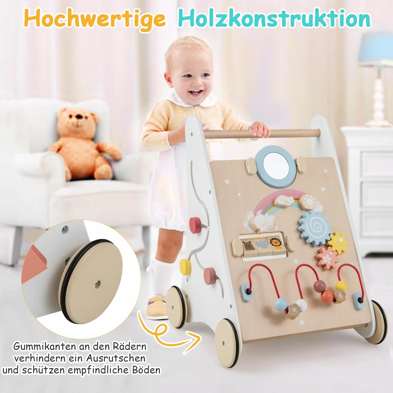 COSTWAY Lauflernhilfe aus Holz, 7 in 1 Lauflernwagen mit Spielbrett, Spiegel & Bauklötzen, Laufwagen zum Schieben mit Aufbewahrungsbox, Laufhilfe Baby ab 1 Jahr (Weiß + Natur)