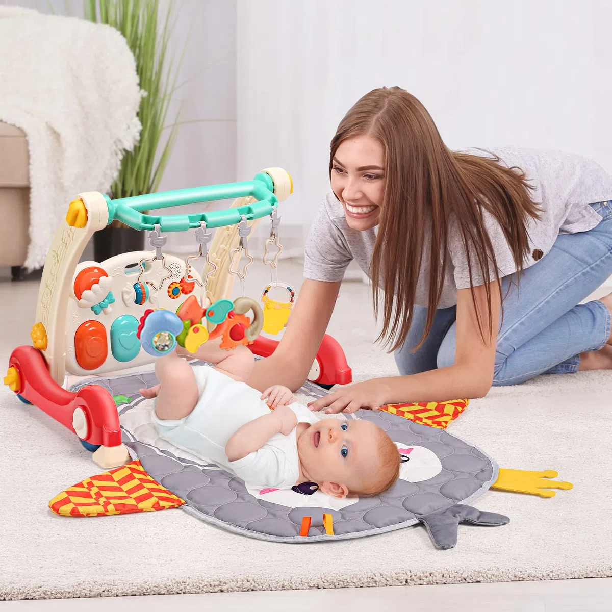 CUTE STONE Spiel-Fitnessstudio für Babys, Klavier, Trittbrett, Lernmatte für Babys, Musikaktivitäten mit Lichtern, Spielmatte für Babys von 0-24 Monaten