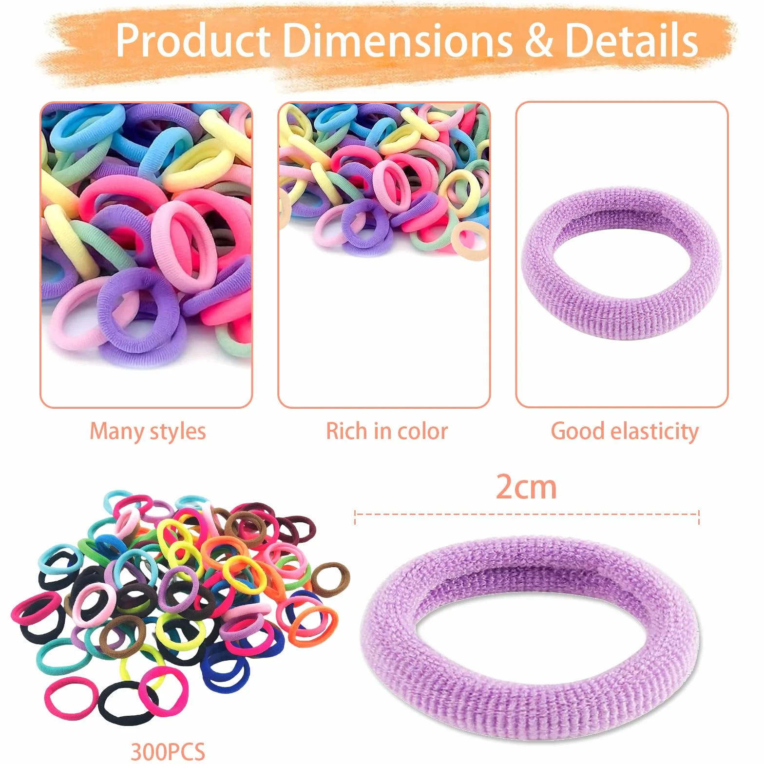 Kotkiddy 300 Stück Baby-Haargummis für Mädchen, 2.5 cm, 30 Farben elastisches Haar-Accessoire, kleine Nylon-Haarbänder für Kleinkinder, Pferdeschwanzhalter