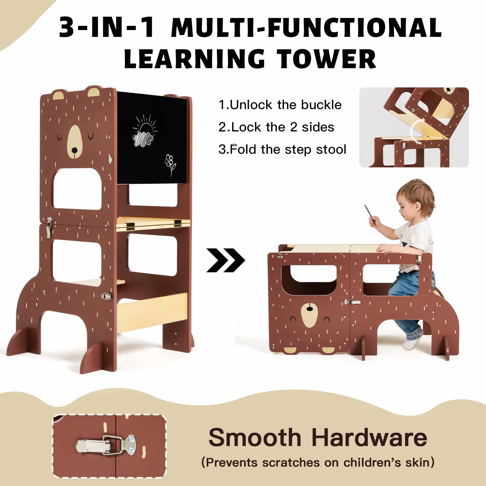 labebe lernturm ab 1 Jahr, Großformat Montessori Lernturm klappbar, 3 in 1 Multifunktion Learning Tower mit Zeichnung Kreidetafel-brauner Bär