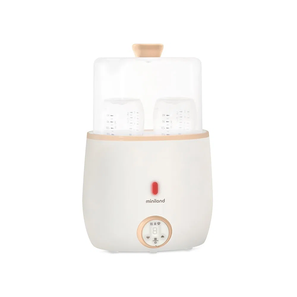 Miniland Warmy Twin Babyflaschen- und Sterilisator, 2-in-1 Schnellerwärmung für Babynahrung, mit Digitalanzeige, präzise Temperaturregelung für Muttermilch (Beige)