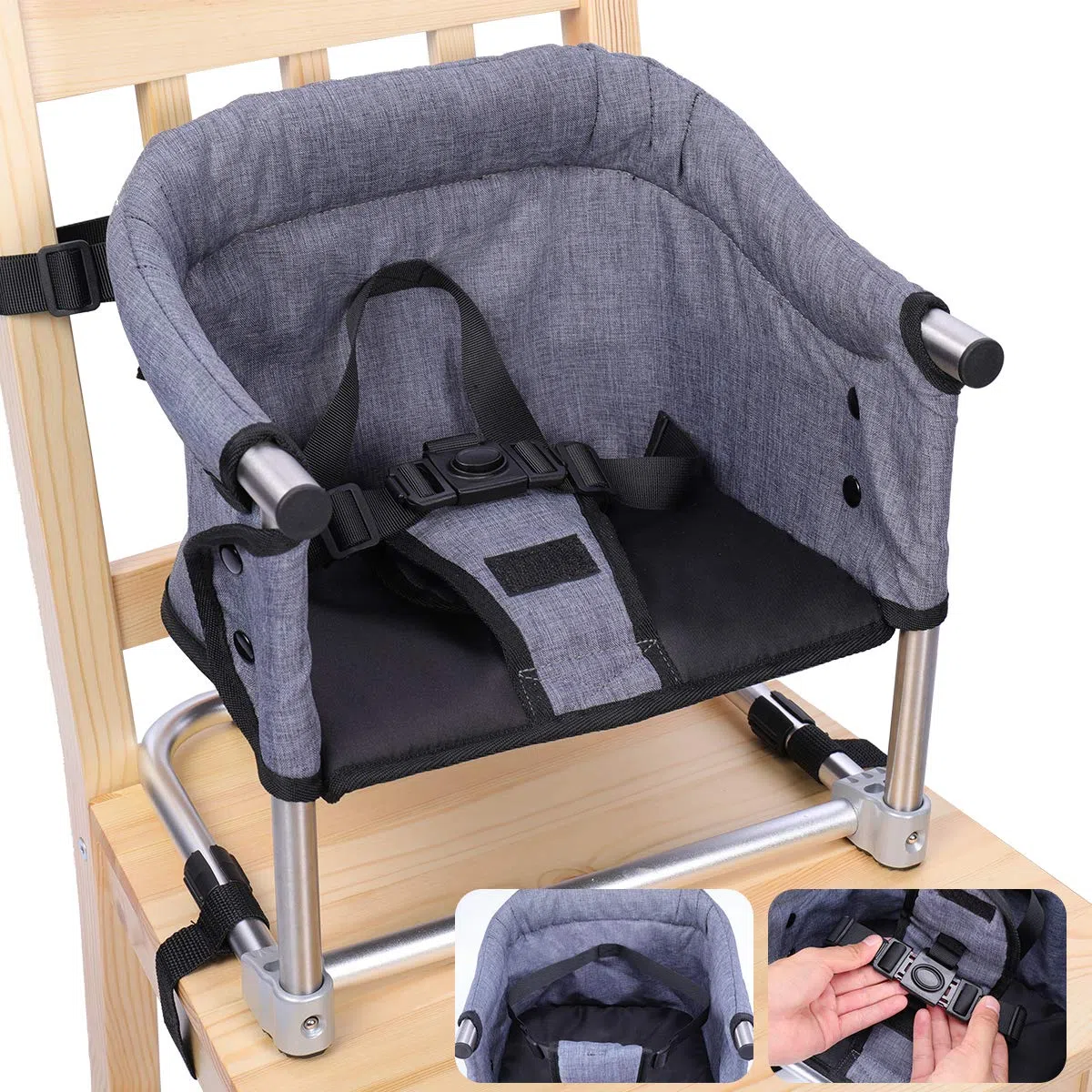 Toogel Sitzerhöhung Stuhl, Boostersitz Baby, Tragbarer Baby Hochstuhl Faltbar Kindersitz für Kinder 6-36 Monaten mit Sicherheitsgurt, 3 Höhen, Transporttasche für Zuhause und Unterwegs (Grau)