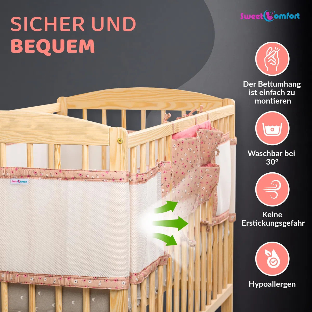 SweetComfort Babybettumrandung: Atmungsaktiv mit Aufbewahrungstasche - Passend für Babybetten 60x120 und 70x140 cm - Blumiges Rosa - Verstellbare Klettverschlüsse - für 3- bis 4-seitige Gitterbetten