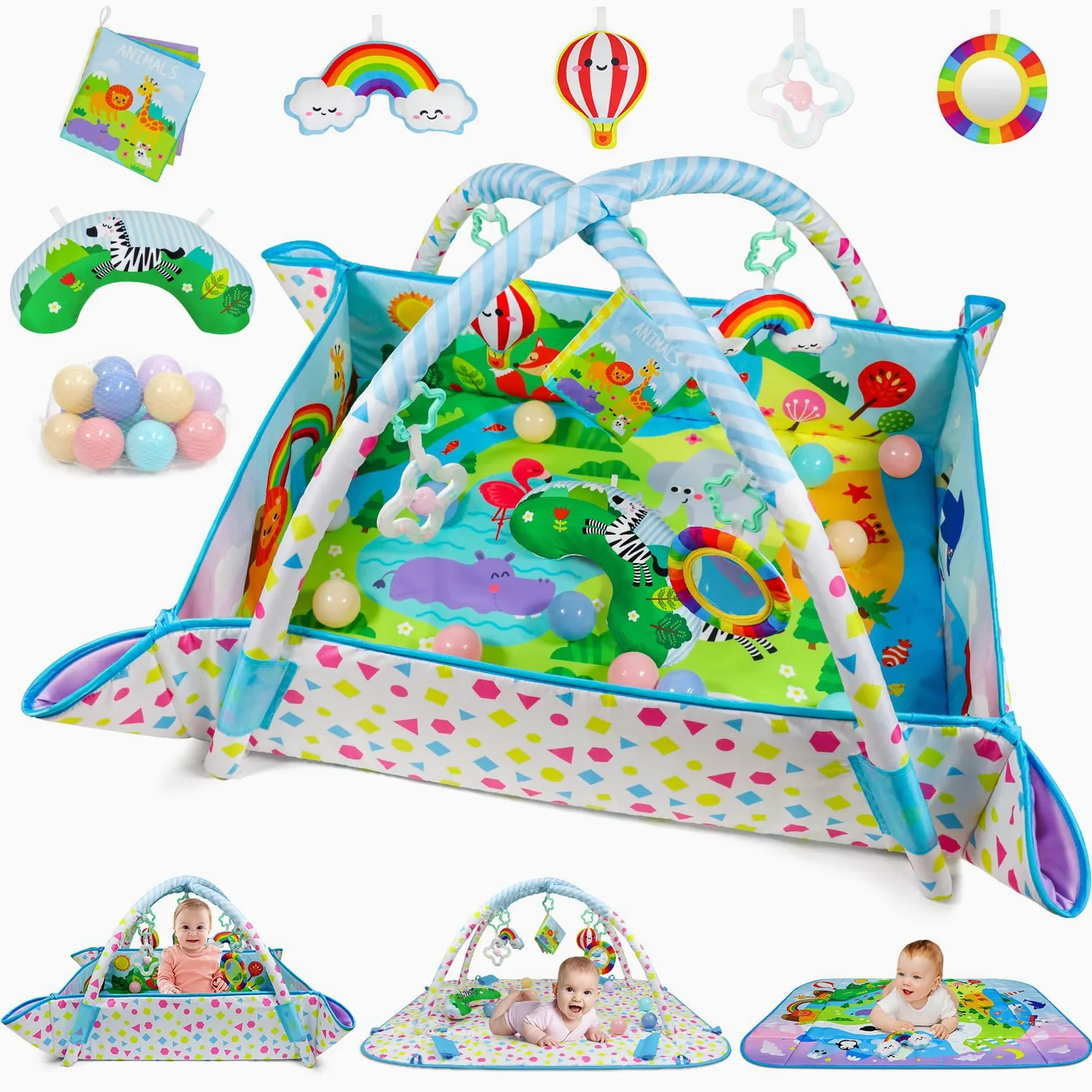 Dr.Rapeti Spieldecke mit Spielbogen, Spieldecke, Spieldecke mit Bällebad, Krabbeldecke mit Spielbogen, Padded Mat for Newborns, Mit abnehmbarem Spiegel, Stoffbuch, Spielzeug und Ball for 0+