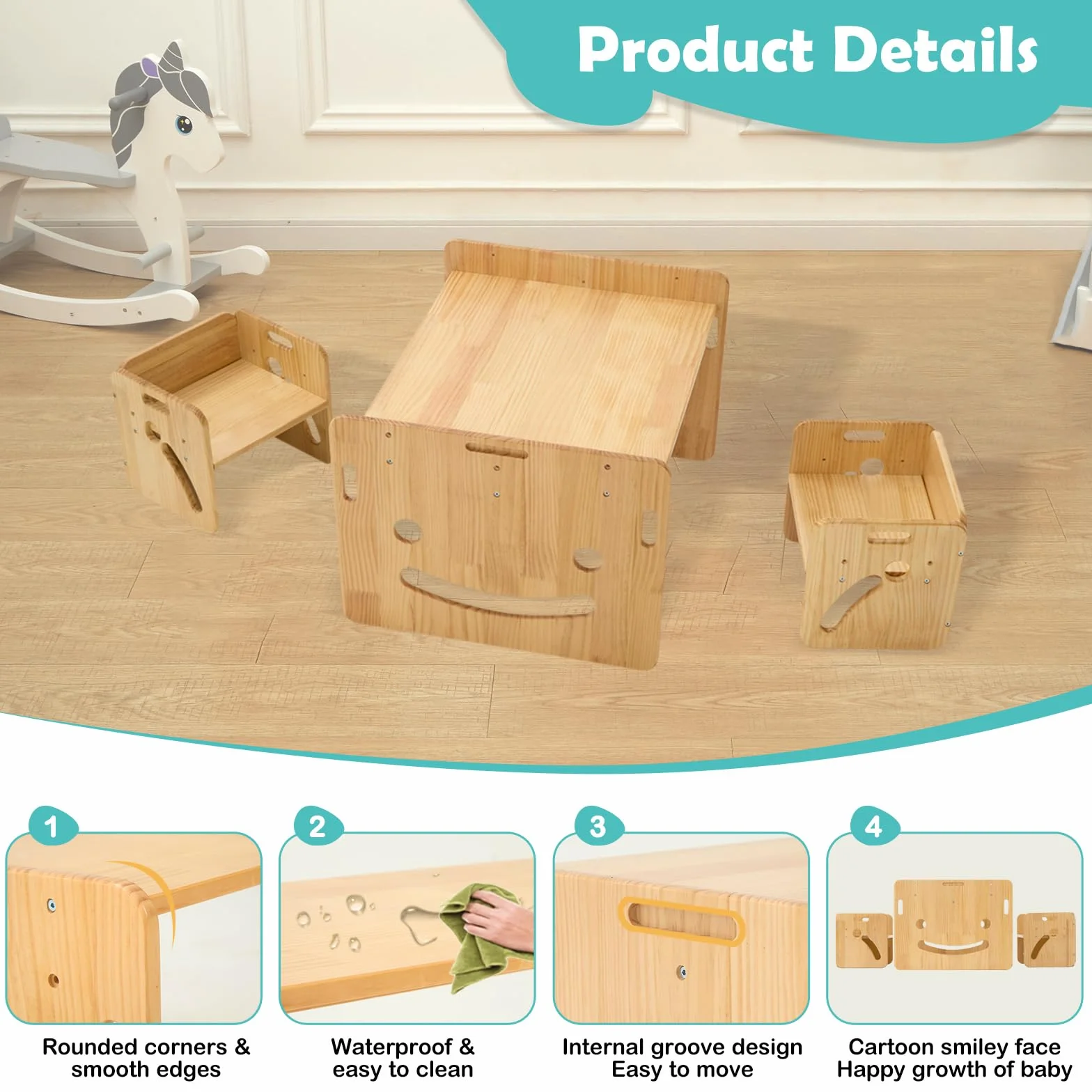 FUNLIO Montessori Höhenverstellbares kindertisch mit 2 stühlen für 1-3 Jährige, hochwertiger Massivholz Kinder Tisch Stuhl Set, zum Lesen/Essen/Spielen, einfach aufzubauen - Quadratischer Tisch