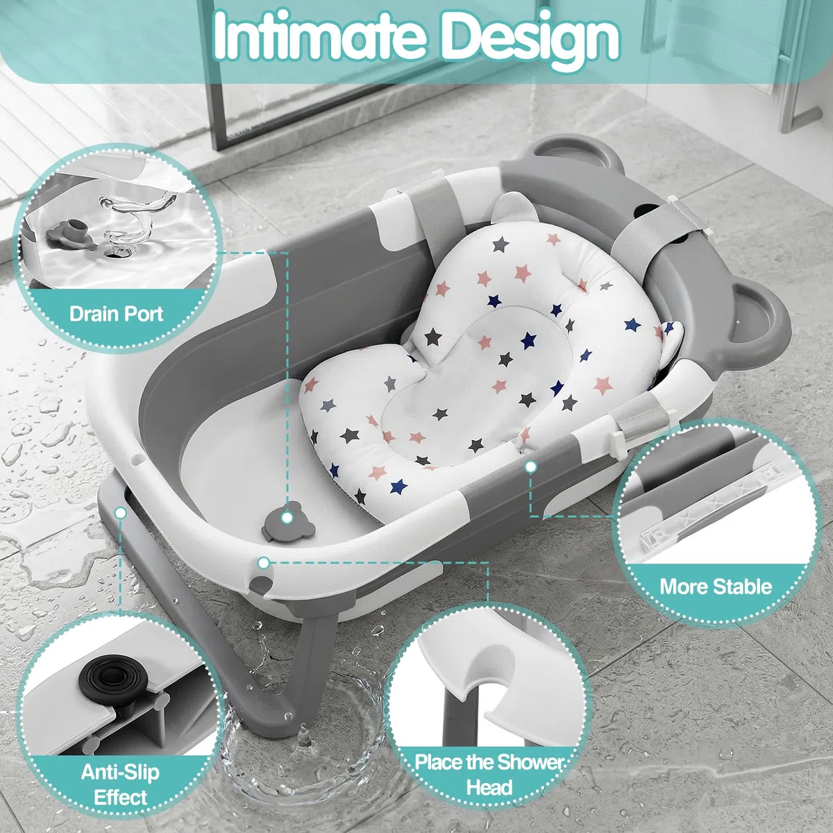 Highbird Baby Badewanne, Faltbare Babywanne mit Stützkissen für Neugeborene & Kleinkinder, Platzsparender, Tragbarer Baby-Badewanne, Komfortabel, Sicher & Robust, Panda-Design (Grau)