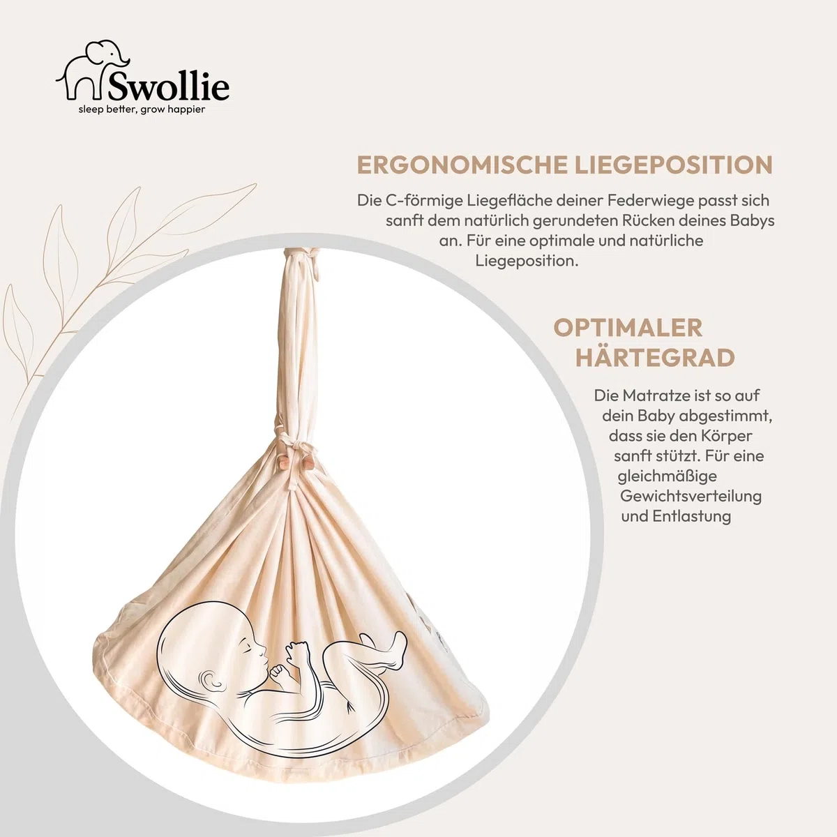 Premium Baby Federwiege mit Tipi-Gestell - Beige Federwiege mit beigem Tipi-Gestell - für Babys ab Geburt - Bio-Baumwolle