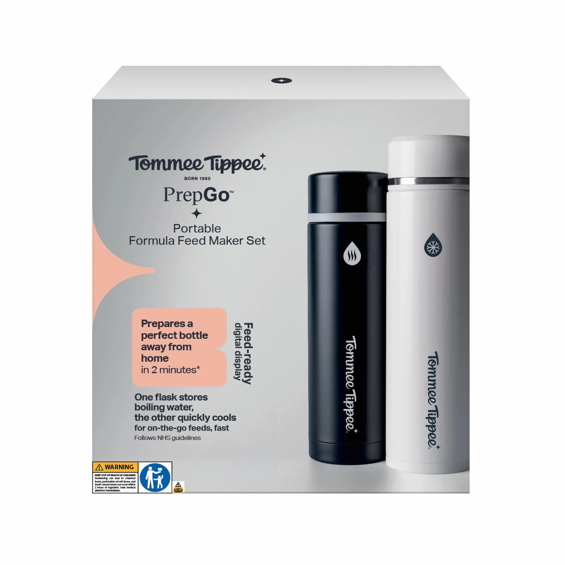 Tommee Tippee PrepGo Zubereiter-Set, Kühlt Babymilch zur guten Temperatur in nur 2 Minuten, Transportierbare Thermosflaschen, Temperaturdisplay