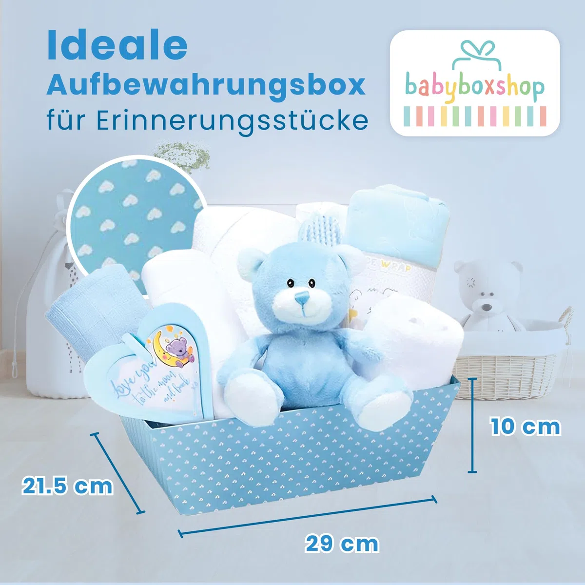 Baby Box Shop – 14 Babygeschenke zur Geburt Junge, ideal für Babypartys, Geschenke für Babypartys, mit neuen Baby-Essentials für Neugeborene Jungen und einem blauen Plüsch-Teddybären