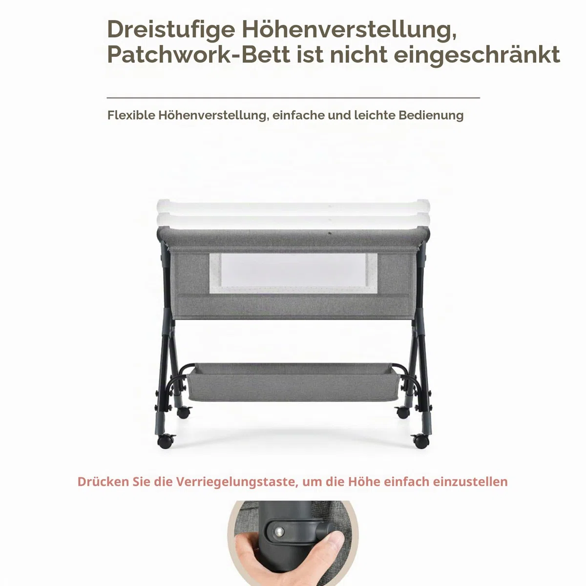 Next to me Beistellbett höhenverstellbar, tragbarer Stubenwagen, stabiles Babybett 3-in-1, mit waschbarer Matratze, Wickeltisch, Aufbewahrungstasche, 4 feststellbare Räder, Moskitonetz, für 0