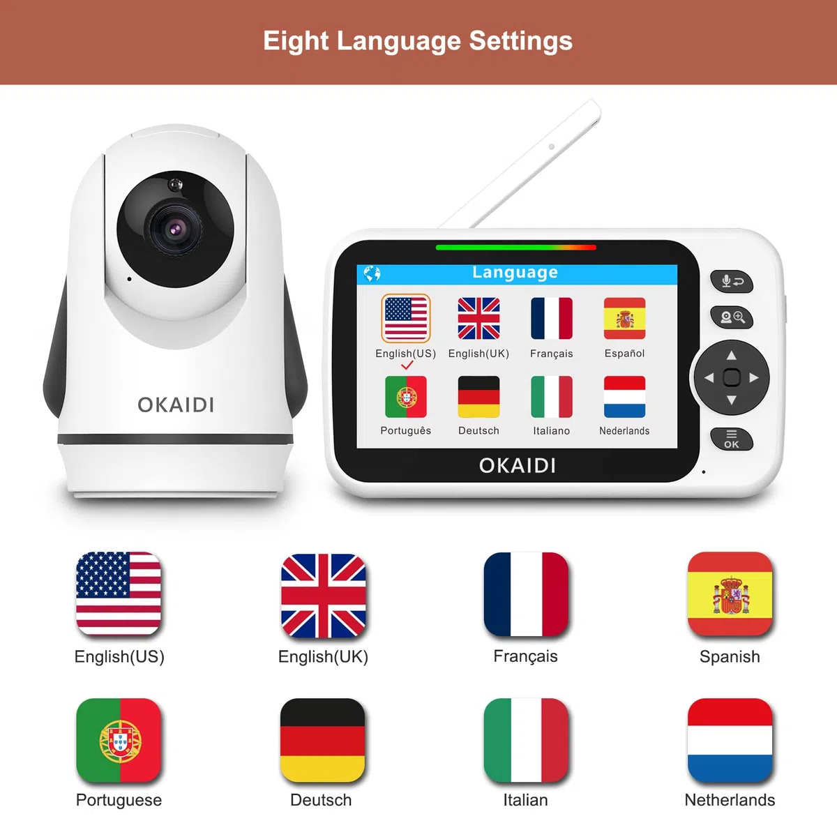 OKAIDI 12,7 cm (5 Zoll) Bildschirm Pan-Tilt-Zoom Video Babyphone mit Kamera und Audio | Babyphone Kein WLAN, 30H Akku, 1000 Fuß Reichweite Babykamera, Nachtsicht, 2-Wege-Talk, ECO-Modus, Temperatur, 8 Schlaflieder