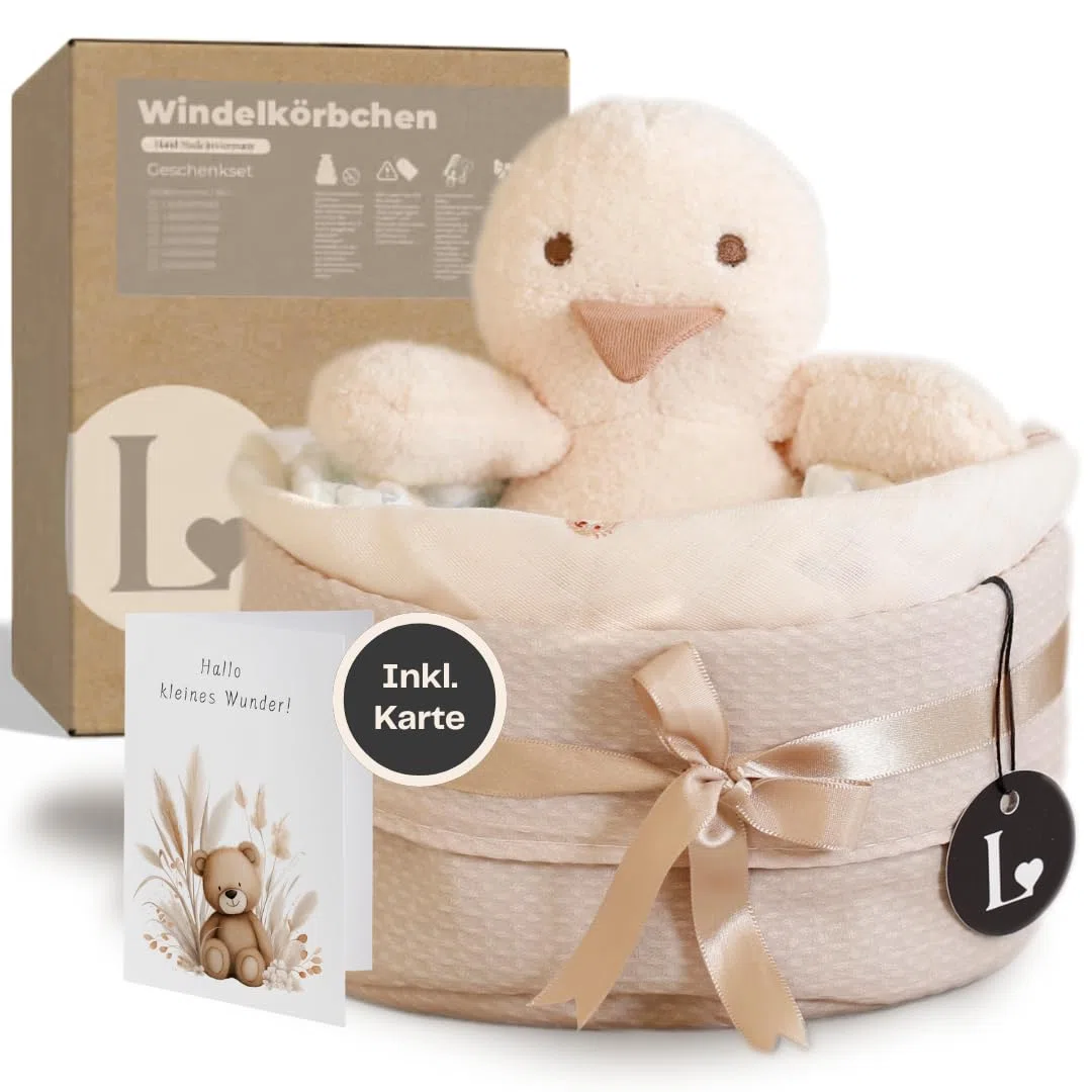 Baby Geschenkkorb zur Geburt – Windeltorte neutral mit Kuscheltier Ente, Spucktuch & Karte, Baby Willkommensgeschenk Junge & Mädchen, Handmade Erstausstattung Set & Wickeltisch Organizer