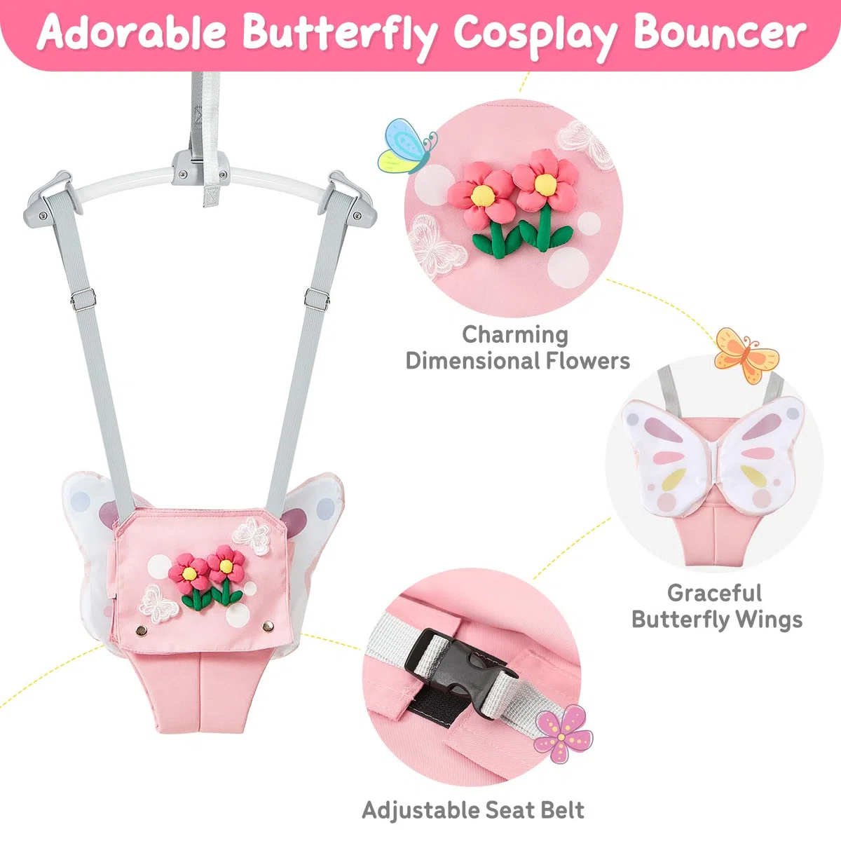 FUNLIO Baby Türhopser für 6–24 Monate (mit Türklemme), Baby Jumper mit starker Feder/verstellbarem Riemen, einfach zu montieren und zu lagern Baby Hopser, Tragfähigkeit 18 kg – Rosa Schmetterling