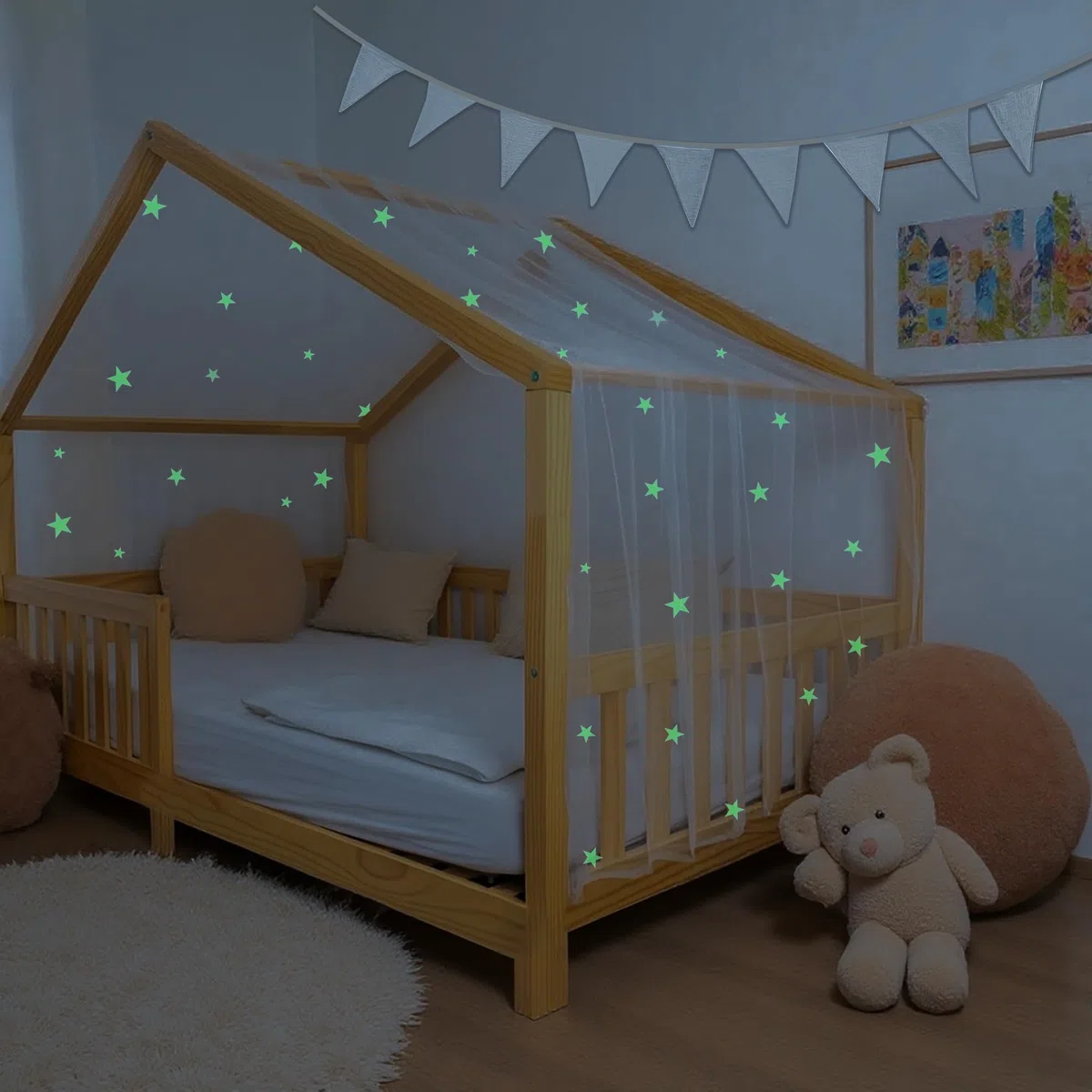 Hook Hausbett Himmel Betthimmel für Hausbett Kinder – Leuchtender Sternenhimmel Stoffhimmel für Hausbett Deko für Mädchen & Jungen – Himmel für Hausbett & Bodenbett (Weiß, H135 x B420 cm (1er Pack))