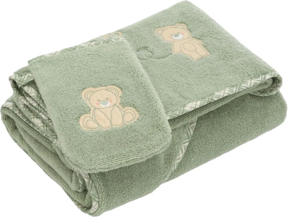 Vossen Teddy Bear Set bestehend aus Kapuzentuch, Handtuch und Waschhandschuh (Eucalyptus)