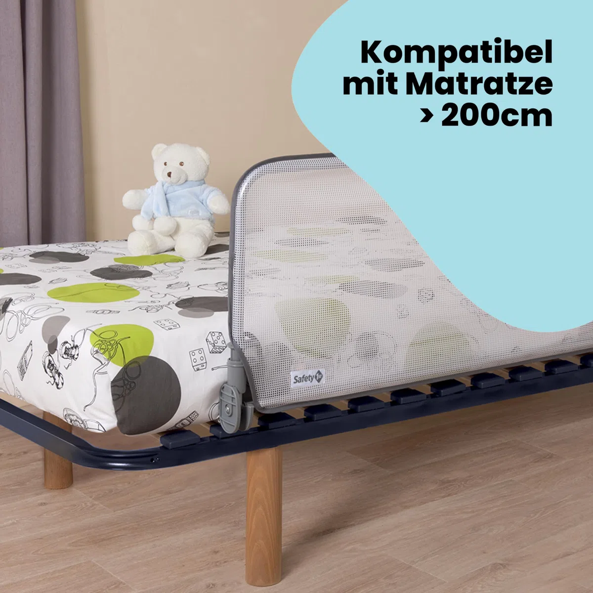 Safety 1st Extra Large Bed Rail 150 cm, Bettgitter Rausfallschutz, 18 Monate–5 Jahre, verstellbares Bettschutzgitter, Netzgewebe, automatische Sperre, einfach zu reinigen, Grau & Weiß