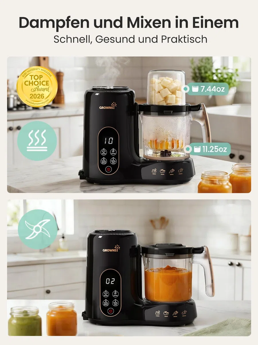 Grownsy Babynahrungszubereiter Dampfgarer Pürierer Sterilisator BPA-frei zweistöckiger Dampfkorb