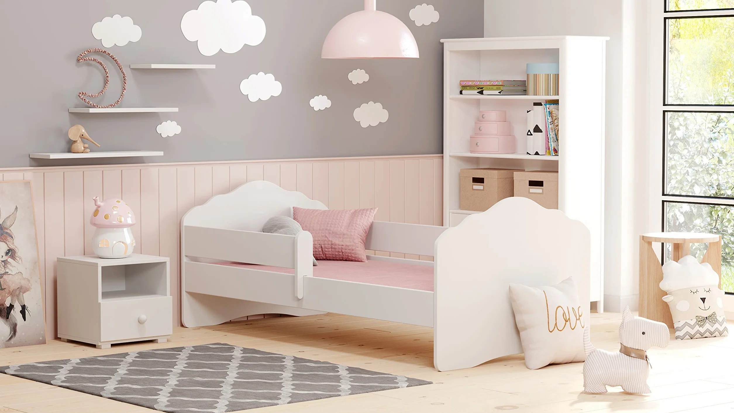 KOBI Fala Kinderbett mit Rausfallschutz | 140 x 70 cm | Kinderbetten mit Matratze Komplett Set | Einzelbett Kinder Bett | Mädchen Junge | Modern Weiss Kids Bed Children
