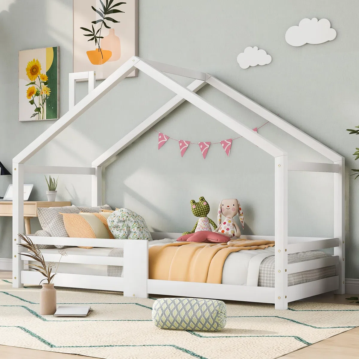Kayan Kinderbett Hausbett mit Schornstein | Rausfallschutz| Robuste Lattenroste |Kiefernholz Haus Bett für Kinder, 90 x 200 cm (Weiß)