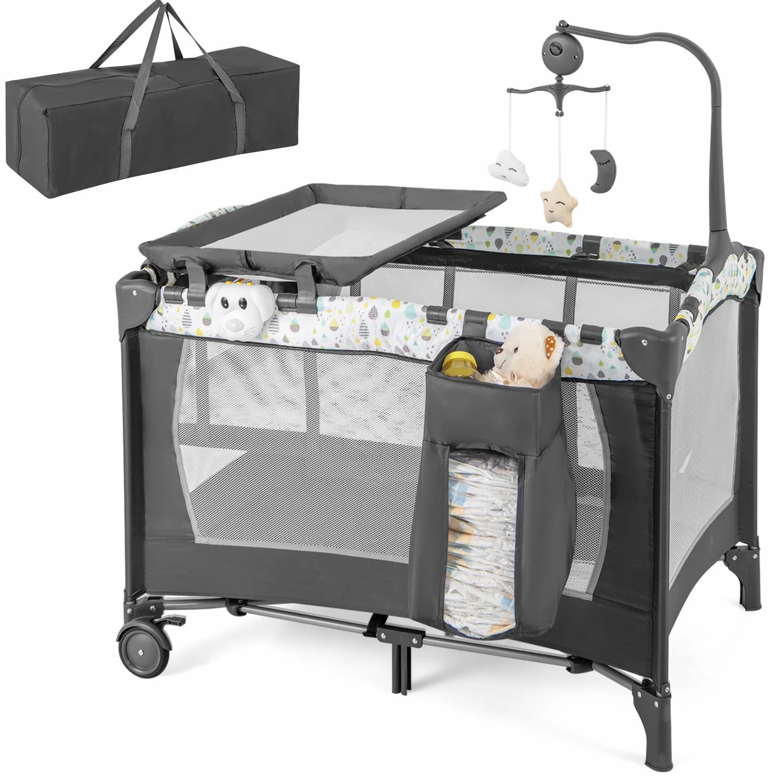 COSTWAY 3 in 1 Beistellbett klappbar, Reisebett mit Matratze, Hängespielzeug, Spieluhr, Wickeltisch & Tragetasche, 2 Ebene Babybett mit Rollen für Baby bis 36 Monaten (Beige)