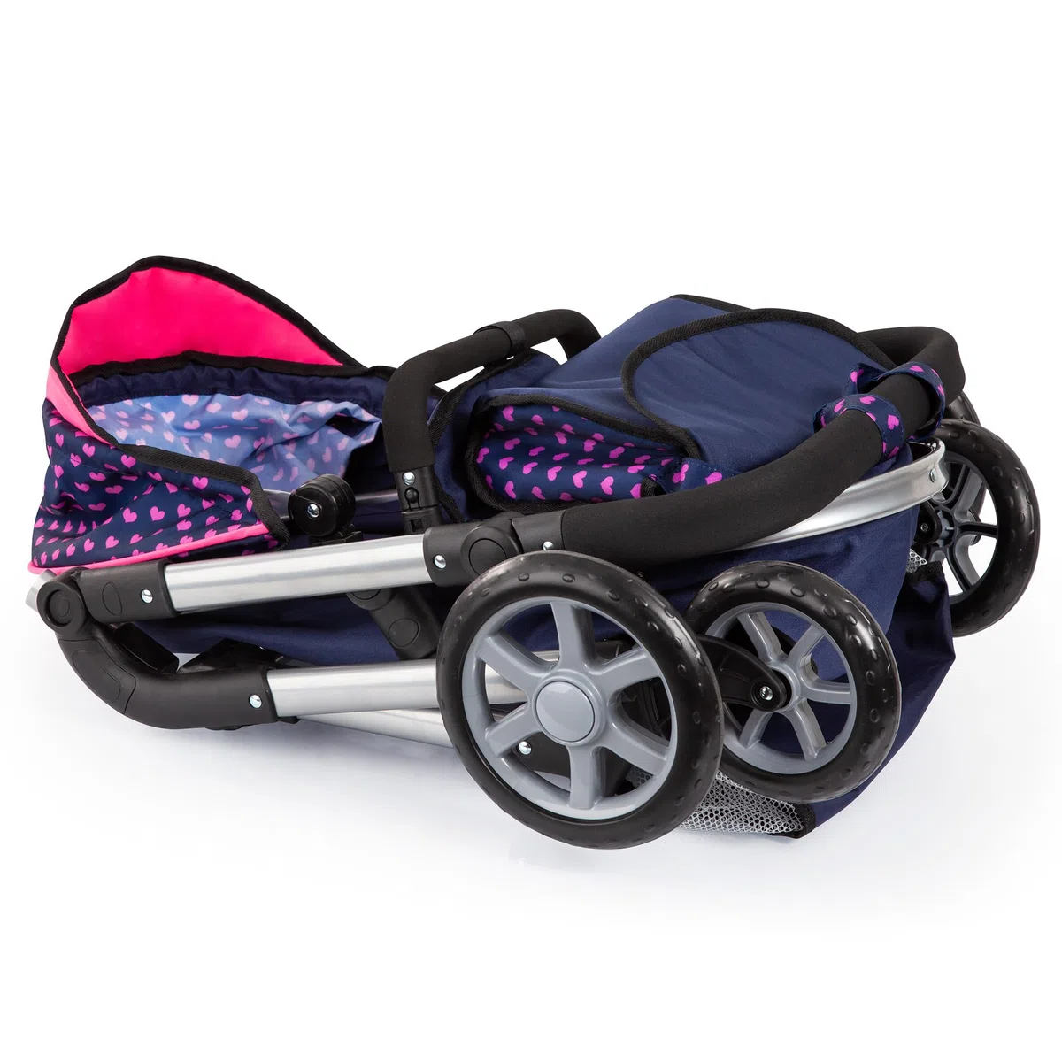Bayer Design 18154AA City Neo Puppenwagen mit Wickeltasche und Einkaufskorb / umwandelbar in einen Sportwagen / höhenverstellbar / Design: Herzchen, Einhorn / dunkelblau, pink | wandelbar als Puppenjogger, verstellbarer Griff, schwenkbare Vorderräder, int