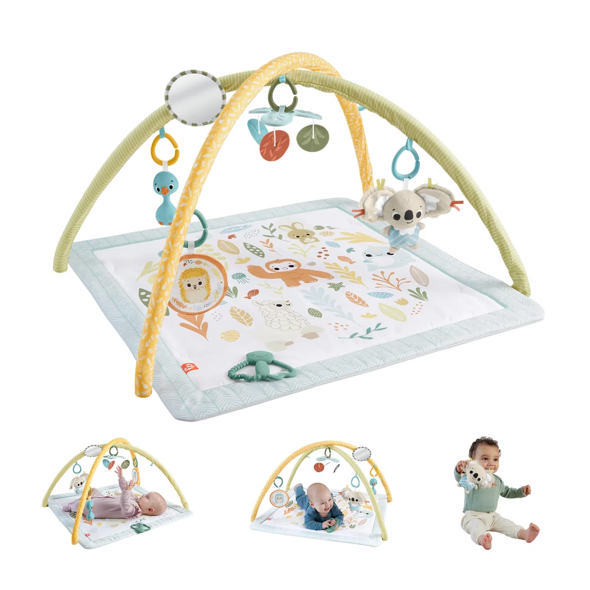 Fisher-Price Simply Senses Spielmatte für Neugeborene | Waschbare Baby-Spielmatte und 6 Aktivitäts-Spielzeuge, Mobile, Sinnesförderung und Motorik, ab 0 Monaten, JMN74