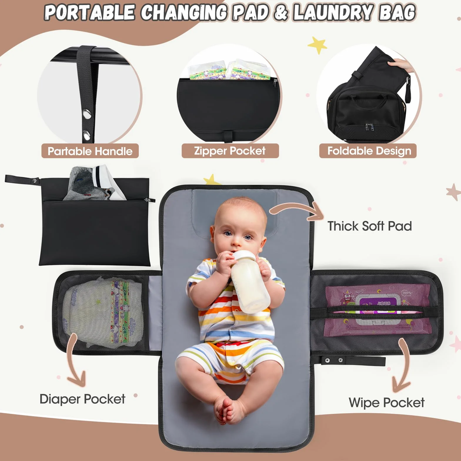 RAINSMORE Wickelrucksack Baby Wickeltasche Rucksack mit Wickelunterlage Unterwegs Groß Diaper Bag Multifunktions Baby Taschen für Mama und Papa Schwarz
