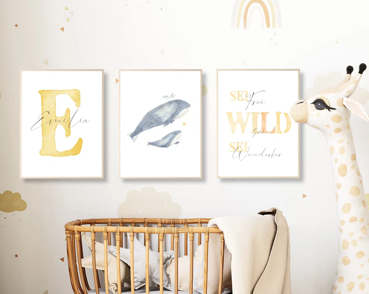 Pandawal Kinderzimmer Bilder mit Spruch und Name Wal 3er Poster- Set für Mädchen und Junge Wandbilder