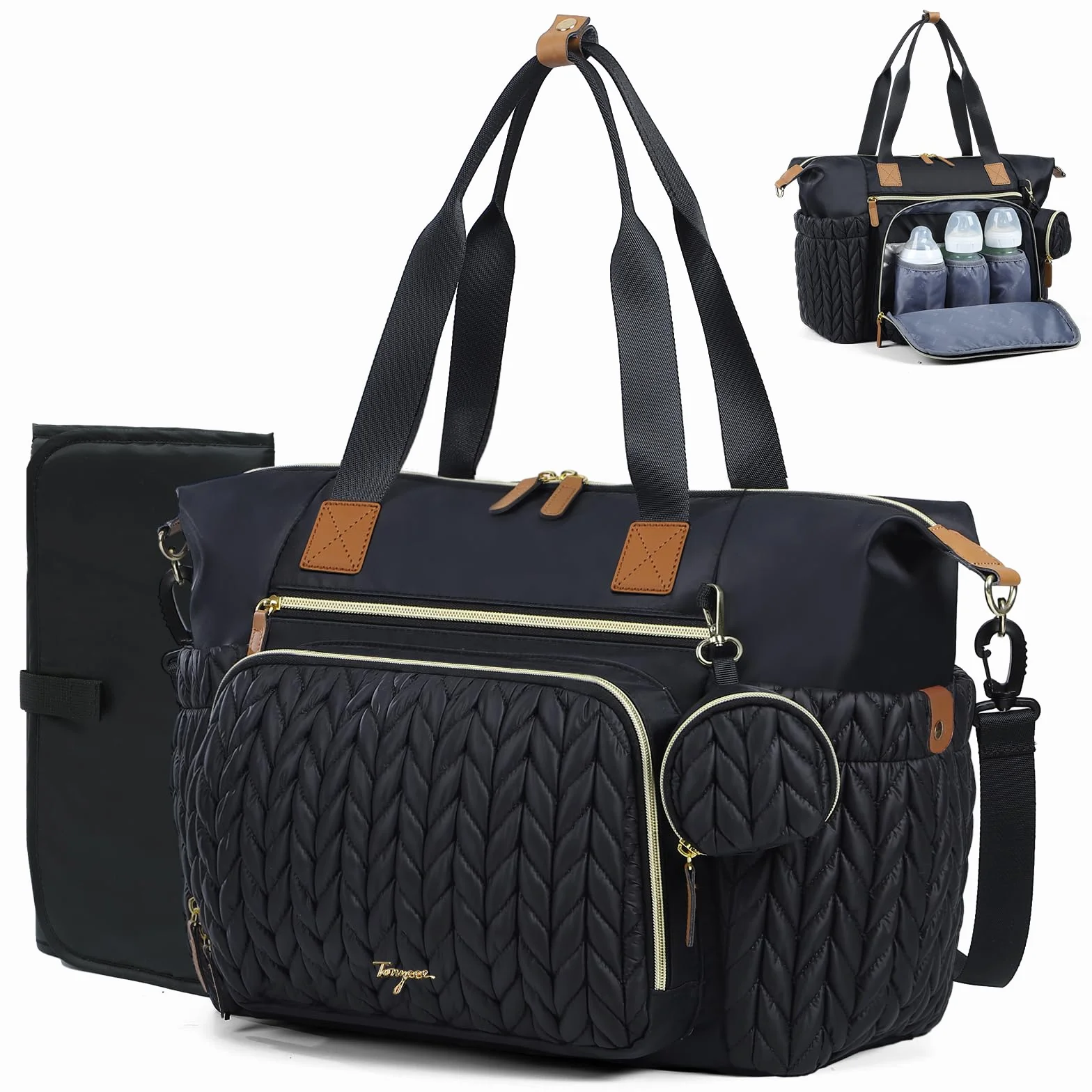 Wickeltasche mit Schnullertasche und Wickelunterlage, Wickelrucksack Multifunktions-Babytasche für Große Reisewindeltasche für Mama und Papa, isolierten Taschen-Schwarz