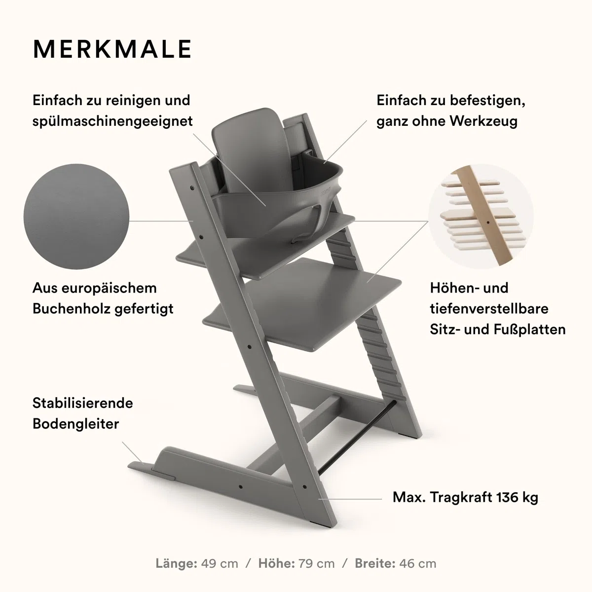 Stokke Tripp Trapp Hochstuhl mit Baby Set, Storm Grey, Buchenholz - Verstellbarer Stuhl für Kleinkinder, Kinder & Erwachsene