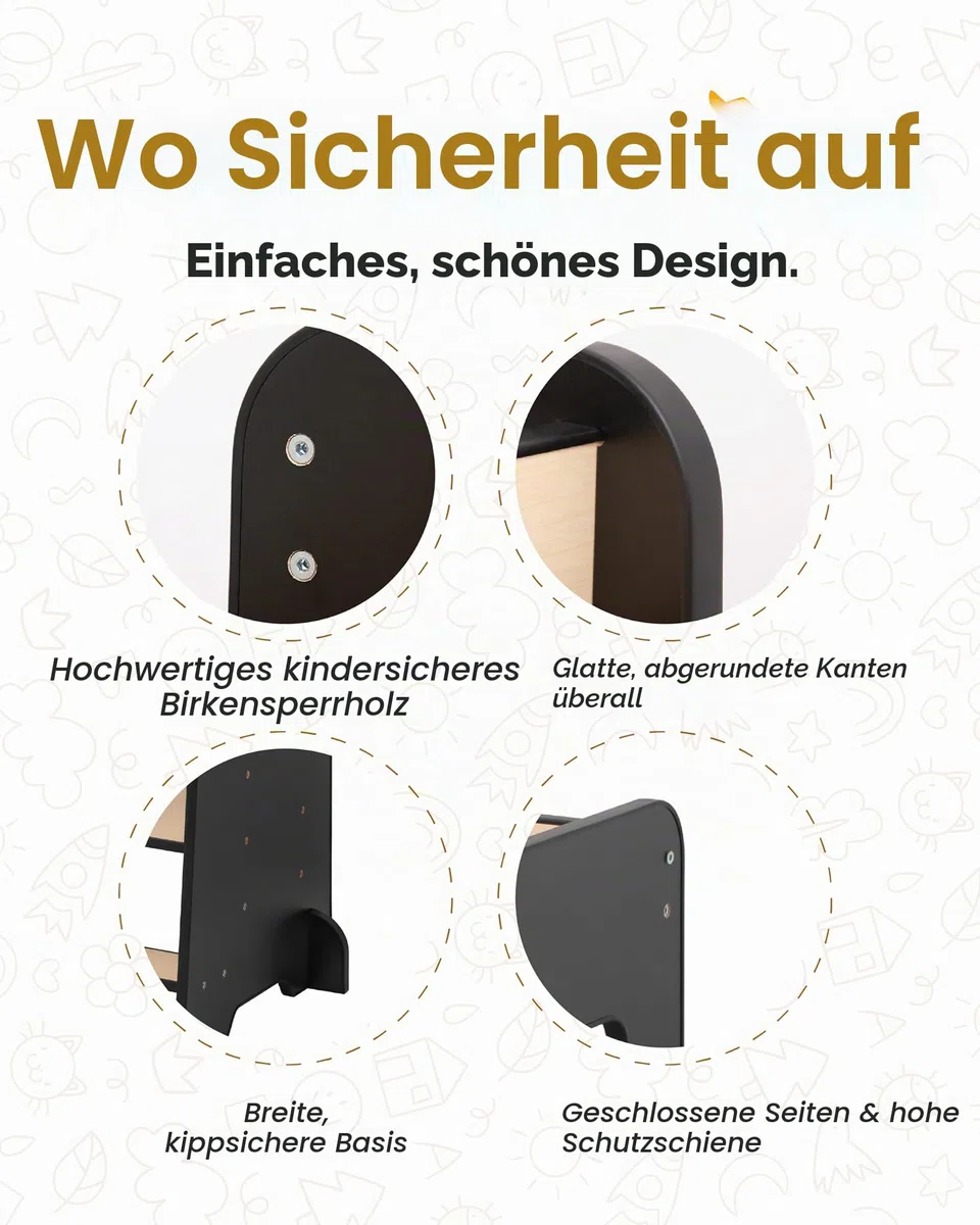 Lernturm höhenverstellbar aus Holz – Montessori Lernturm ab 1 Jahr, Tritthocker Kinder für Küche/Arbeitsplatte & Waschbecken, mitwachsend – Schwarz