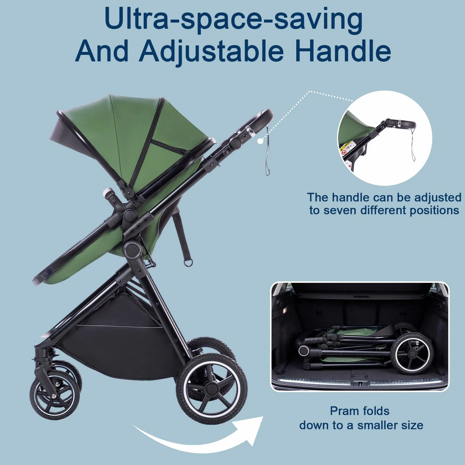 Kinderwagen 3 in 1, Buggy Klein Zusammenklappbar mit Moskitonetz und Regenschutz, Reise Kinderwagen mit Verstellbarer Griff, Räder aus PU, Geeignet für 0-3 Jahre