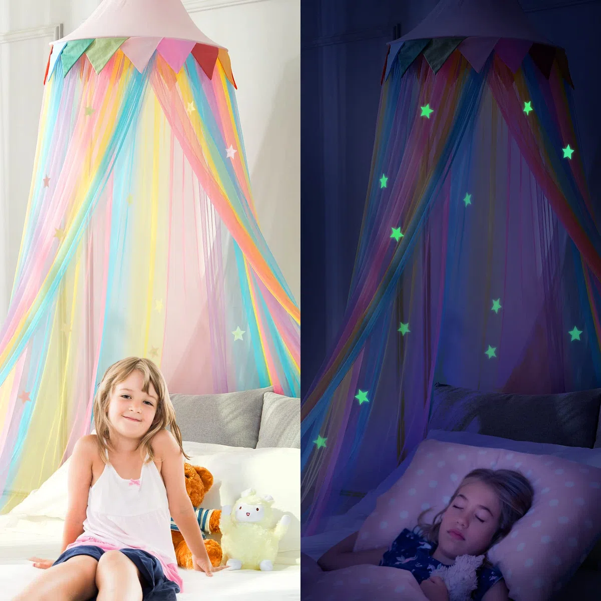 LOAOL Regenbogen-Betthimmel, Kinder-Baldachin für Prinzessin und Mädchen, Feentraumzelt Mit 28 Mehrfarbigen Sternen, Hängenetz für Schlafzimmer, Leseecken und Zimmer