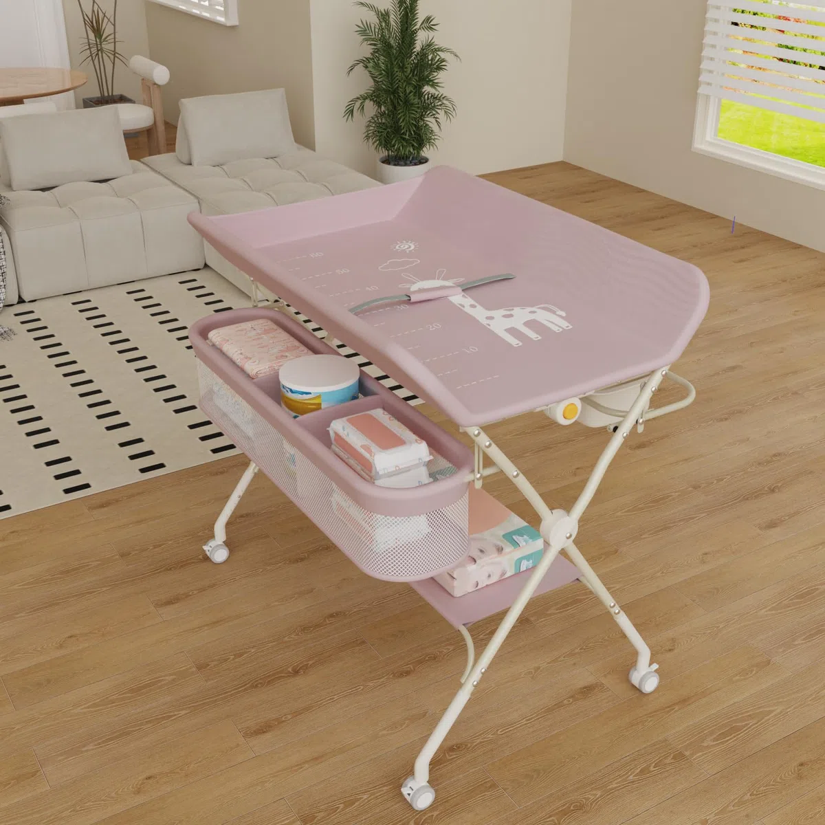 Mobiler Wickeltisch, Wickelkommode, faltbar, mit Aufbewahrungskorb, Wickeltisch für Neugeborene und Kleinkinder, 5 verstellbare Höhen, Höhe 62 – 90 cm, Rosa
