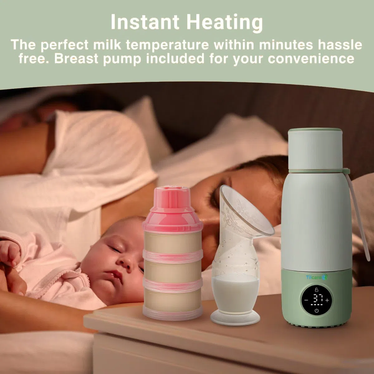 Wiederaufladbarer Milchwärmer mit Formeldispenser von Tilcare - 17oz/500ml, Schnelle Erwärmung, Präzise Temperaturkontrolle, Bis zu 12 Stunden Milchwärme mit LCD-Anzeige - Grün