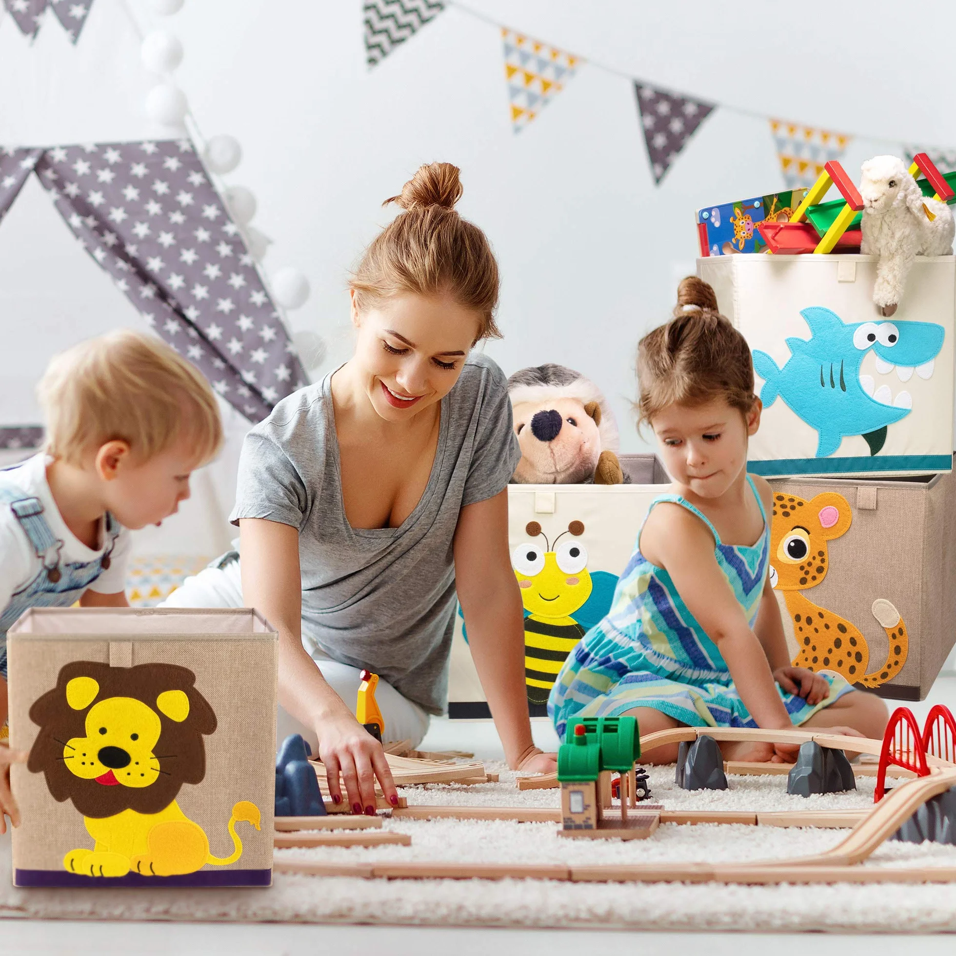 Aufbewahrungsbox im 3er Set Koala, Löwe und Tiger I Dreierpack Spielzeugbox mit Tiermotiv passend für Würfelregale I Ordnungsbox für das Kinderzimmer I Aufbewahrungskorb Kinder