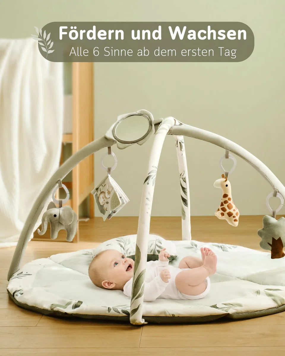 Fortella Spielbogen Baby, Spielmatte mit Bauchzeit Kissen und 5 Sensorik Spielzeug Abnehmbarem,Naturthemen Krabbeldecke für Babys ab der Geburt, Neugeborene & Kinder, 0-6-9-12 Monate-Salbeigrün
