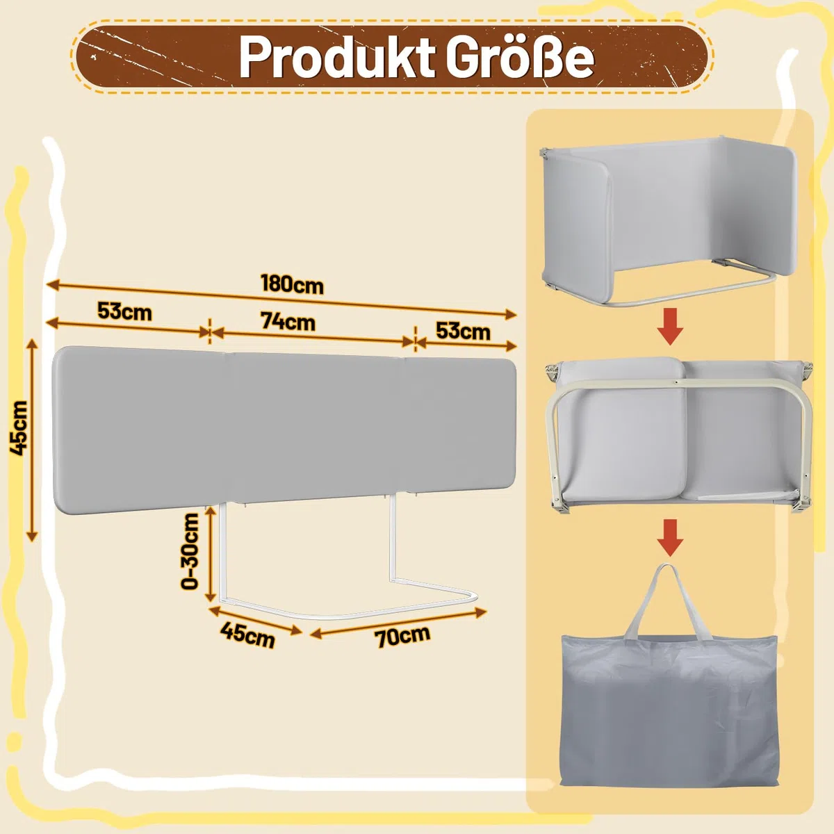 Bettgitter Rausfallschutz 180 cm, Klappbar Rausfallschutz Bett, Höhenverstellbar Bettschutzgitter für Kinder, Werkzeuglos Montierbar, Ideal für Unterwegs(Grau