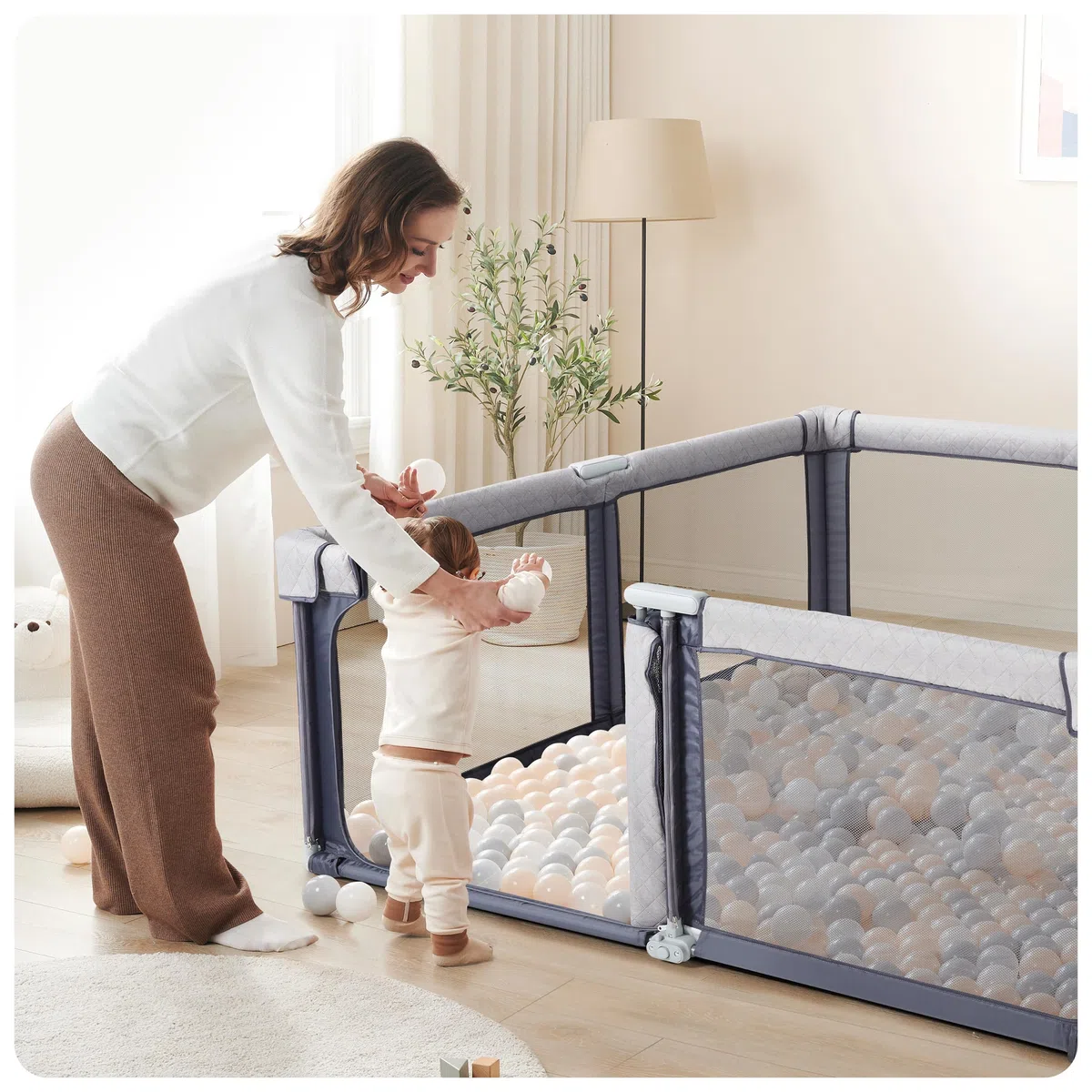 Sweeby Baby Laufstall, Faltbarer Spielhof, Extra Großer Babyzaun für Drinnen & Draußen, Sicherer Laufstall für Babys und Kleinkinder (Space Gray, 200 x 180 cm)