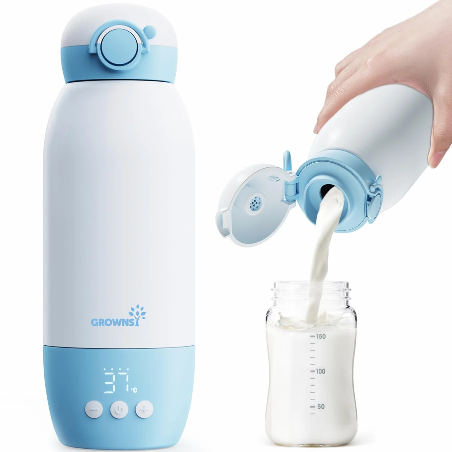 Grownsy Flaschenwärmer baby Unterwegs Schnellheizender babyflaschen wärmer mit 10000mAh Akku 600ML Kapazität und Präzise Temperaturkontrolle Tragbarer milchwärmer für Reise & Auto