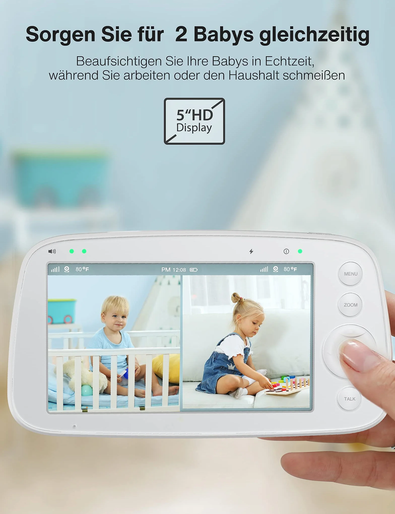 Babyphone mit teilbarem Bildschirm, 5" 720P mit 2 Kameras, Audio und Video Überwachung, Schwenken Neigen Zoom, 300m Reichweite, 4500mAh Akku, Infrarot Nachtsicht und Wärmemonitor