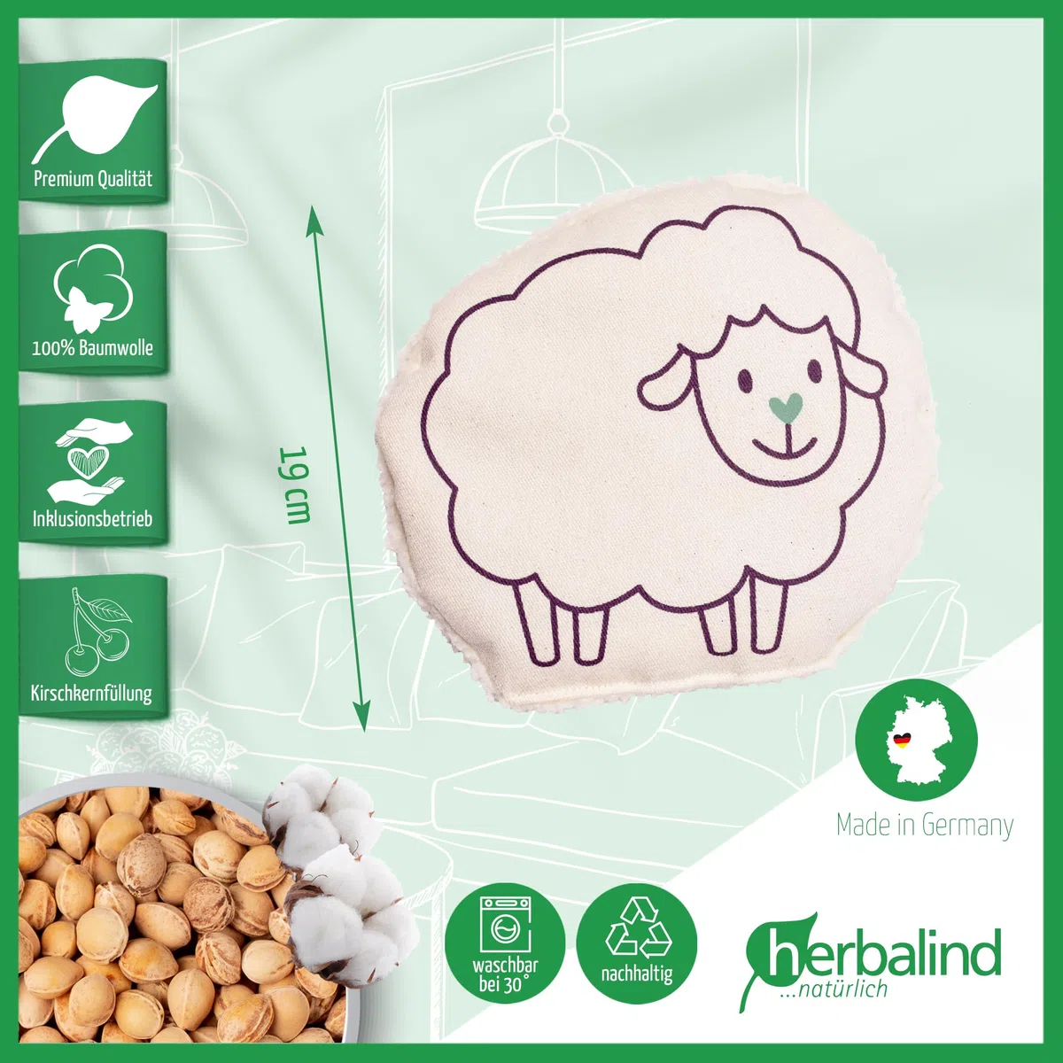HERBALIND Kinderset 2x Kirschkernkissen für Kinder und Babys Dino & Schaf - 100% Baumwolle Plüsch Wärmekissen, wärmende Kissen 19x19 cm als Wärmflasche mit Kirschkernen