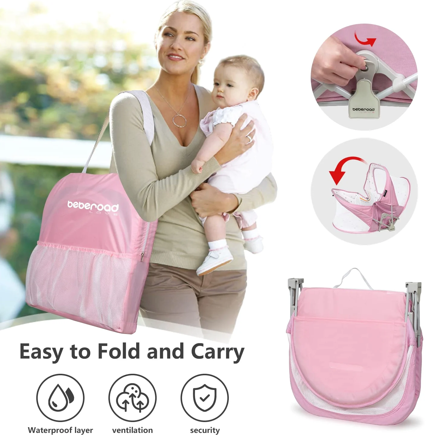 beberoad Baby Reisebett - Stubenwagen - Leicht - Portable Reisebettzelt für Babys- Zweipunkt-Sicherheits-T-Lock-System - Mit Moskitohaube, Matratze und Tasche - Atmungsaktives Netz (Pink)