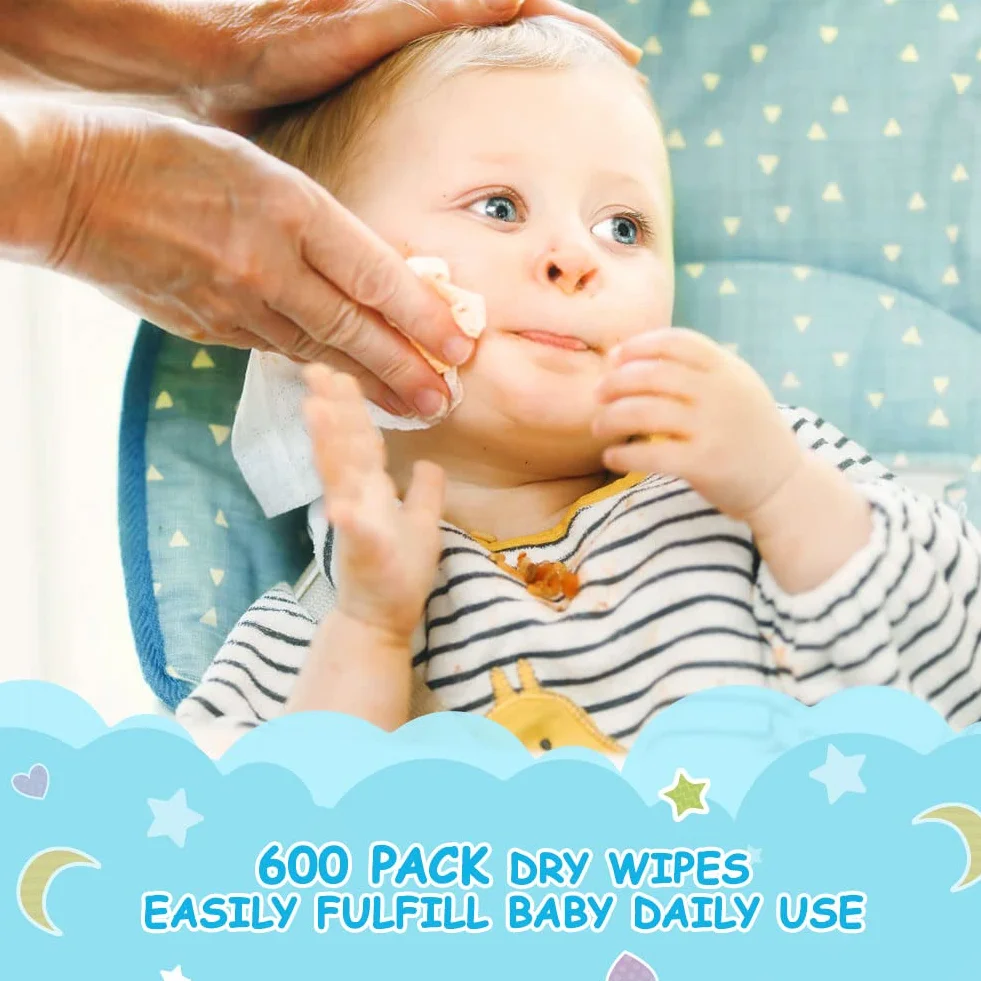 Orighty Trockene Babytücher, superweiche und sanfte Tücher für Babys, nass oder trocken verwendbar, 100% parfümfreies Gewebe für empfindliche Babyhaut, ideal für Windelwechsel, Fütterung