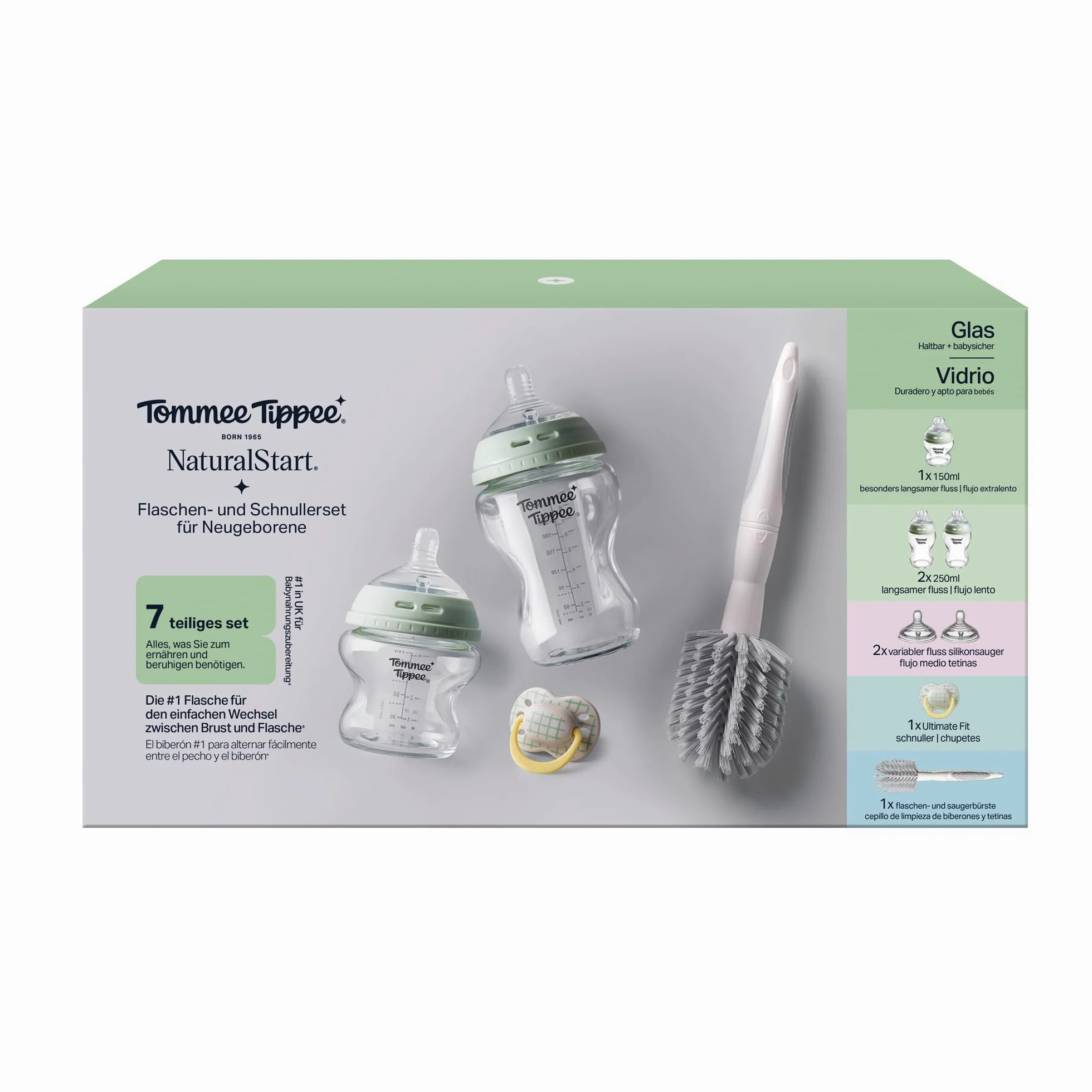 Tommee Tippee Natural Start Starterset aus Glas, Neugeborene, 150-ml- und 250-ml-Anti-Kolik-Babyflaschen mit Besonders langsamer und Langsamsauger, brustähnliche Sauger, selbststerilisierend