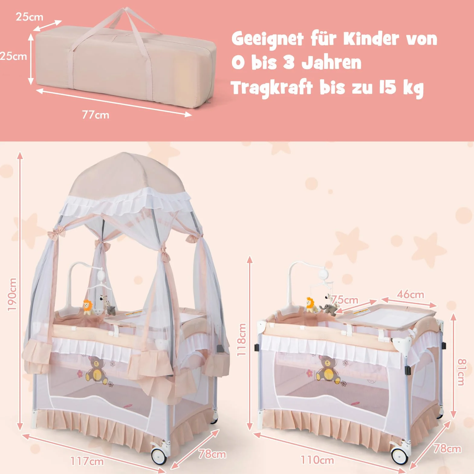 COSTWAY 4 in 1 Babybett mit abnehmbarem Baldachin, Reisebett mit Matratze, Wickelauflage, Spielbogen & Musikbox, Beistellbett mit Rollen, Kinderreisebett faltbar für 0-36 Monate Baby (Rosa)